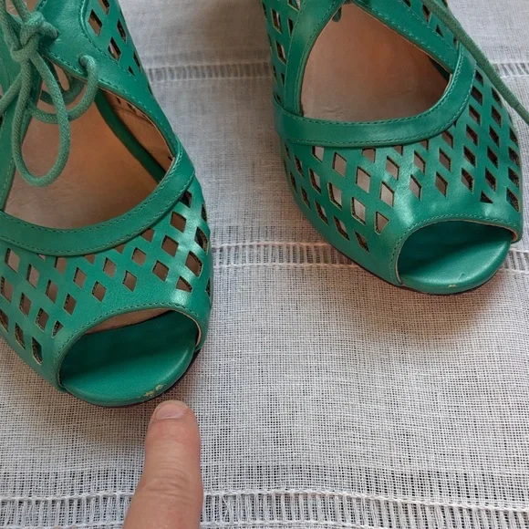 Chelsea Crew “Jo Jo” Teal Peep Toe Heels, Vintage Inspired. - Picture 3 of 12